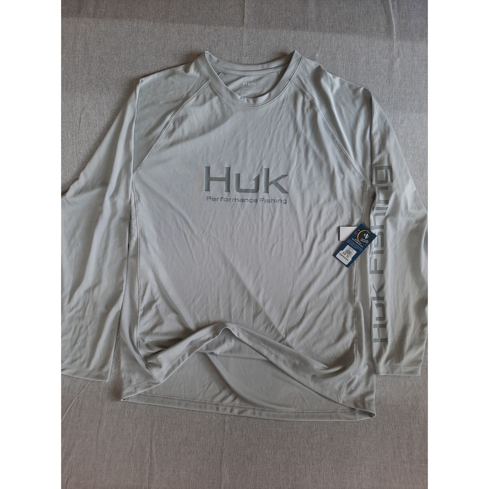 HUK XL Men Performance Fishing Pursuit Long Sleeve Crew Tech Gray Shirt Vented
